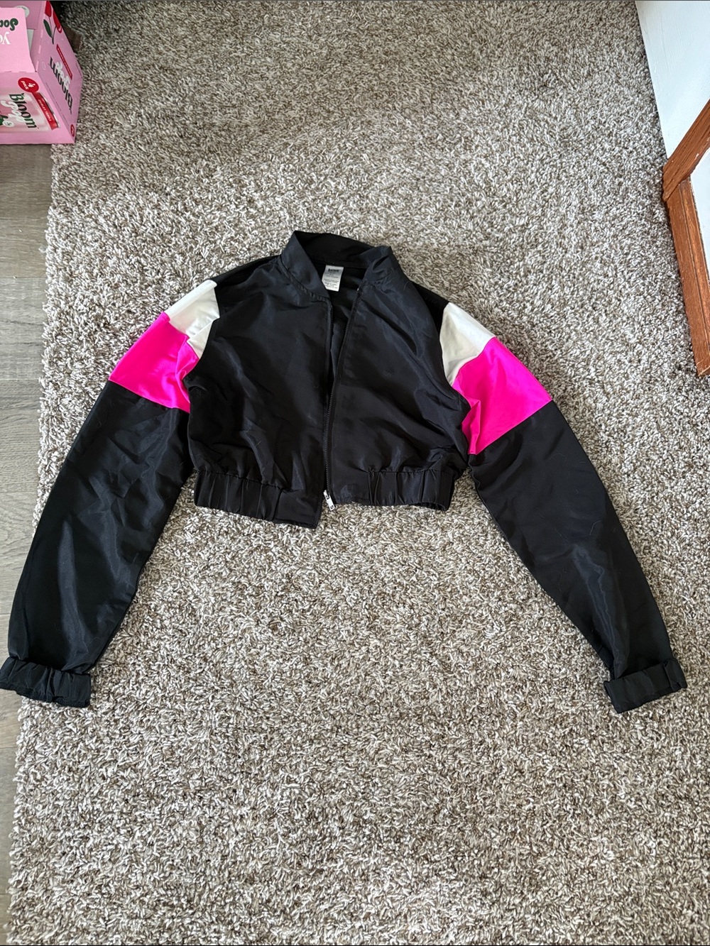 Balera Cropped Black Bomber Jacket with Pink & White Sleeve Accents